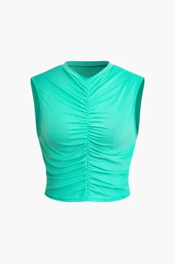 MICAS Short Sets-Ruched Sleeveless Top and Drawstring Shorts Set