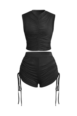 MICAS Short Sets-Ruched Sleeveless Top and Drawstring Shorts Set
