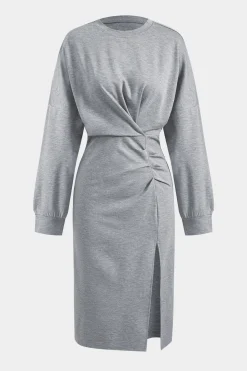 MICAS Long Sleeve Dresses|Midi Dresses-Ruched Slit Round Neck Long Sleeve Midi Dress GRAY
