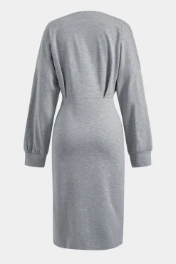 MICAS Long Sleeve Dresses|Midi Dresses-Ruched Slit Round Neck Long Sleeve Midi Dress GRAY