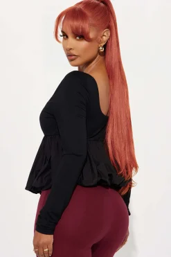 MICAS Long Sleeve Tops|Long Sleeves Tops-Ruched Square Neck Long-Sleeve Top BLACK