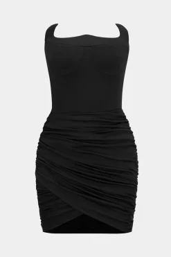 MICAS Mini Dresses-Ruched Strapless Sleeveless Mini Dress BLACK
