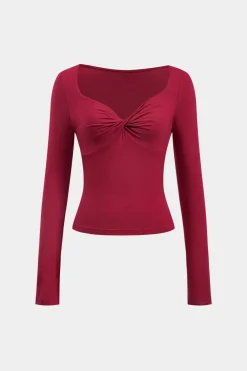 MICAS Long Sleeve Tops|Long Sleeves Tops-Ruched Twist Knot V-Neck Long-Sleeve Top BURGUNDY