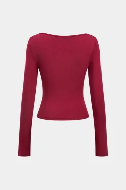MICAS Long Sleeve Tops|Long Sleeves Tops-Ruched Twist Knot V-Neck Long-Sleeve Top BURGUNDY