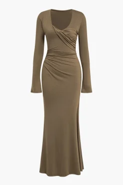 MICAS Long Sleeve Dresses|Maxi Dresses-Ruched V-Neck Long Sleeve Maxi Dress LIGHT BROWN