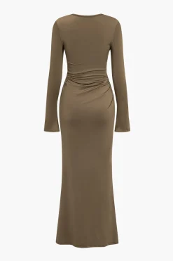 MICAS Long Sleeve Dresses|Maxi Dresses-Ruched V-Neck Long Sleeve Maxi Dress LIGHT BROWN