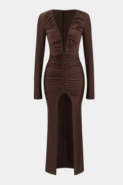 MICAS Long Sleeve Dresses|Maxi Dresses-Ruched V-Neck Long Sleeve Maxi Dress BROWN