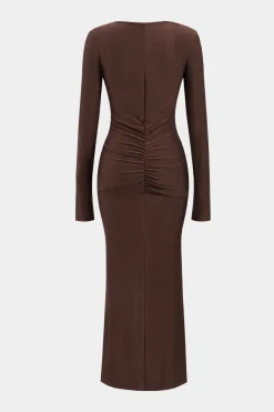 MICAS Long Sleeve Dresses|Maxi Dresses-Ruched V-Neck Long Sleeve Maxi Dress BROWN