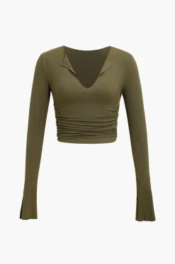MICAS Long Sleeve Tops|Long Sleeves Tops-Ruched V-neck Slit Sleeve Top