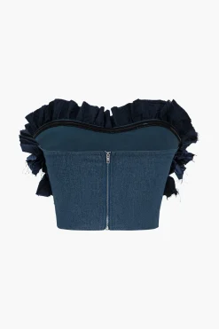 MICAS Tube Tops-Ruched Zipper Denim Tube Top MID WASH BLUE