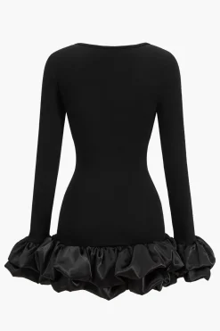 MICAS Long Sleeve Dresses|Mini Dresses-Ruffle Hem Lantern Sleeve Mini Dress BLACK
