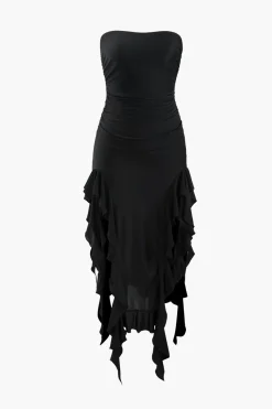 MICAS Midi Dresses-Ruffle Hem Slit Strapless Midi Dress BLACK