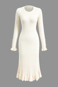 MICAS Long Sleeve Dresses|Knitwear-Ruffle Hem Sweater Midi Dress IVORY