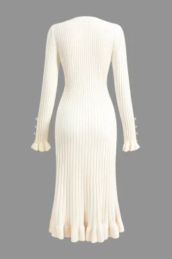 MICAS Long Sleeve Dresses|Knitwear-Ruffle Hem Sweater Midi Dress IVORY