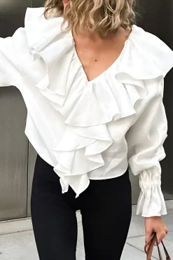 MICAS Long Sleeve Tops|Long Sleeves Tops-Ruffle Long-Sleeve Shirt WHITE