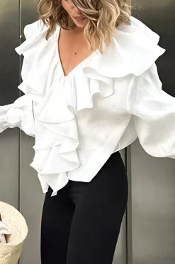MICAS Long Sleeve Tops|Long Sleeves Tops-Ruffle Long-Sleeve Shirt WHITE