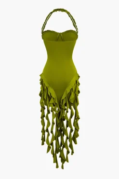 MICAS Mini Dresses-Ruffle Tassel Halter Bustier Mini Dress