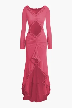 MICAS Long Sleeve Dresses|Maxi Dresses-Ruffle Trim Ruched Cut Out Maxi Dress