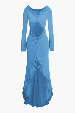 MICAS Long Sleeve Dresses|Maxi Dresses-Ruffle Trim Ruched Cut Out Maxi Dress