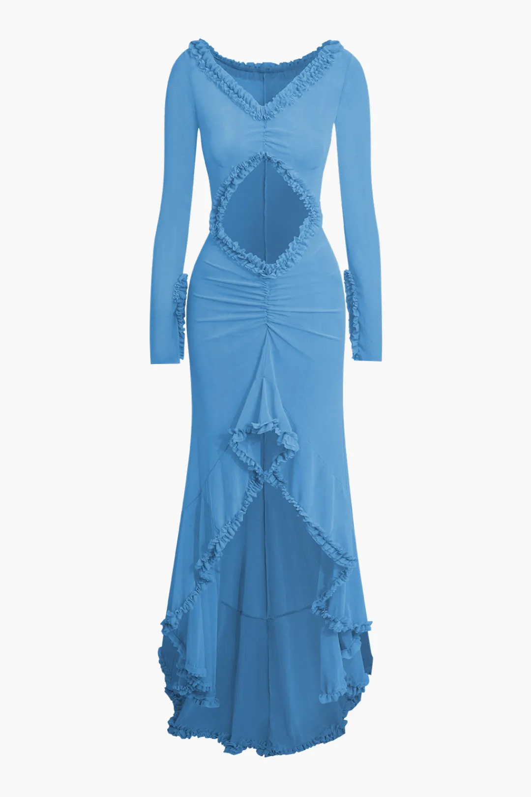 MICAS Long Sleeve Dresses|Maxi Dresses-Ruffle Trim Ruched Cut Out Maxi Dress