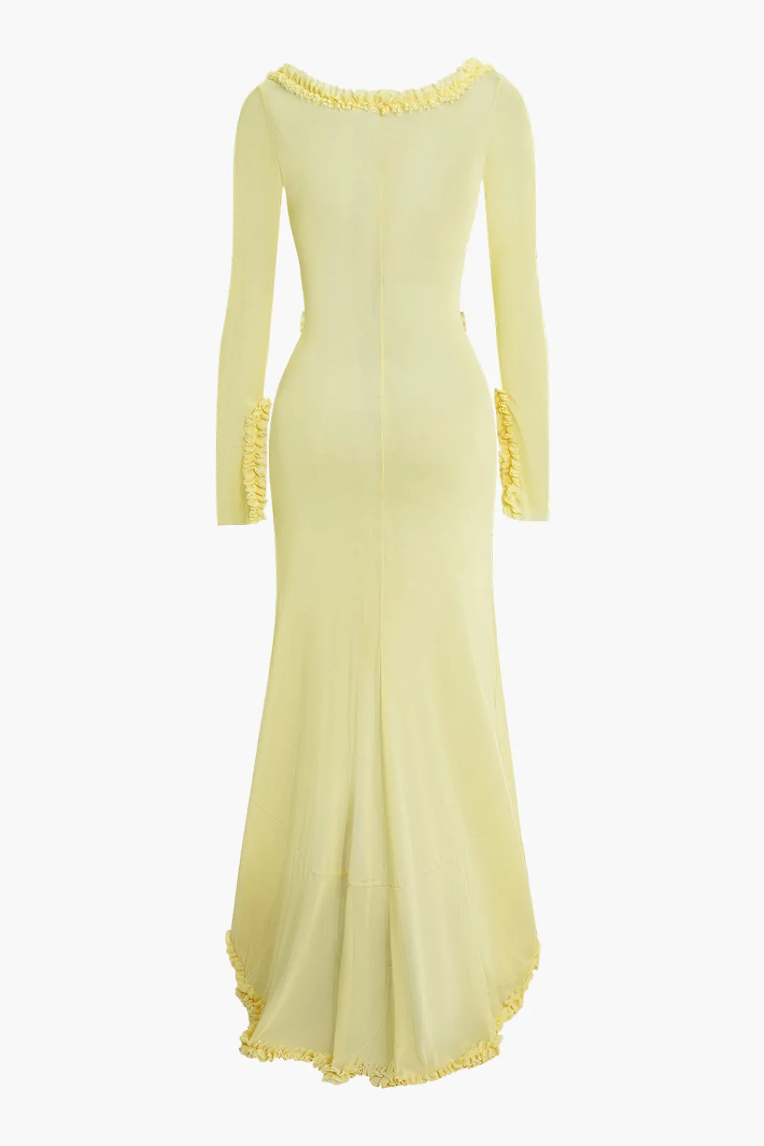 MICAS Long Sleeve Dresses|Maxi Dresses-Ruffle Trim Ruched Cut Out Maxi Dress