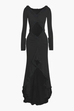 MICAS Long Sleeve Dresses|Maxi Dresses-Ruffle Trim Ruched Cut Out Maxi Dress