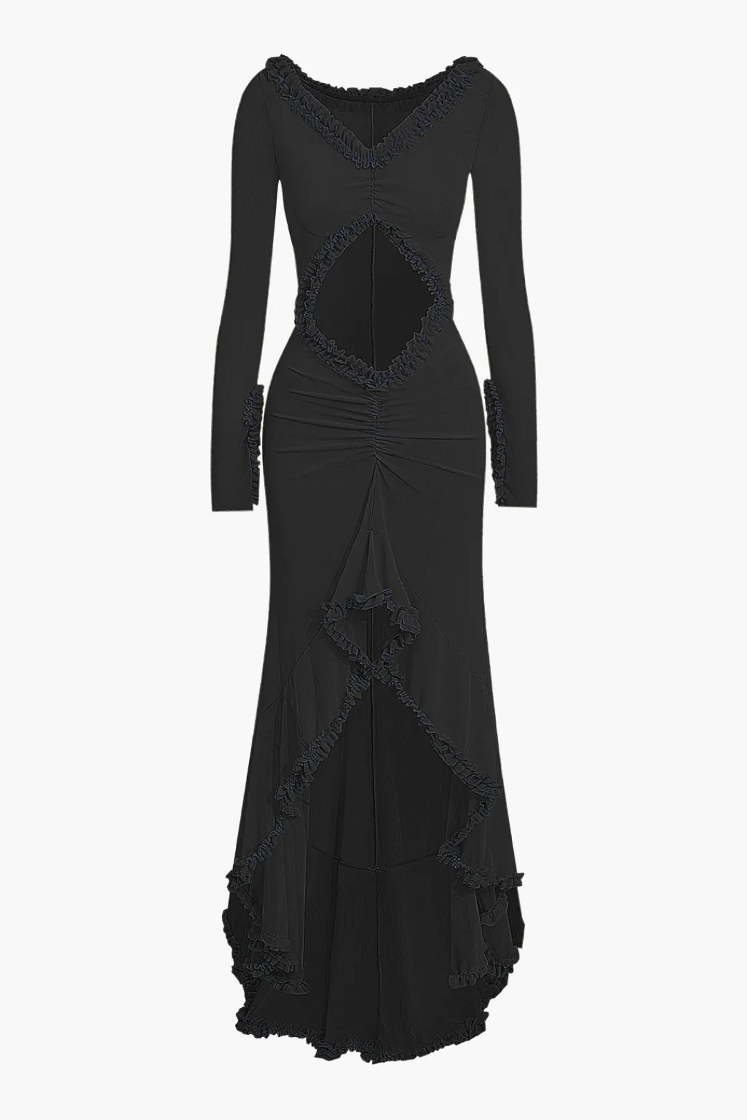 MICAS Long Sleeve Dresses|Maxi Dresses-Ruffle Trim Ruched Cut Out Maxi Dress