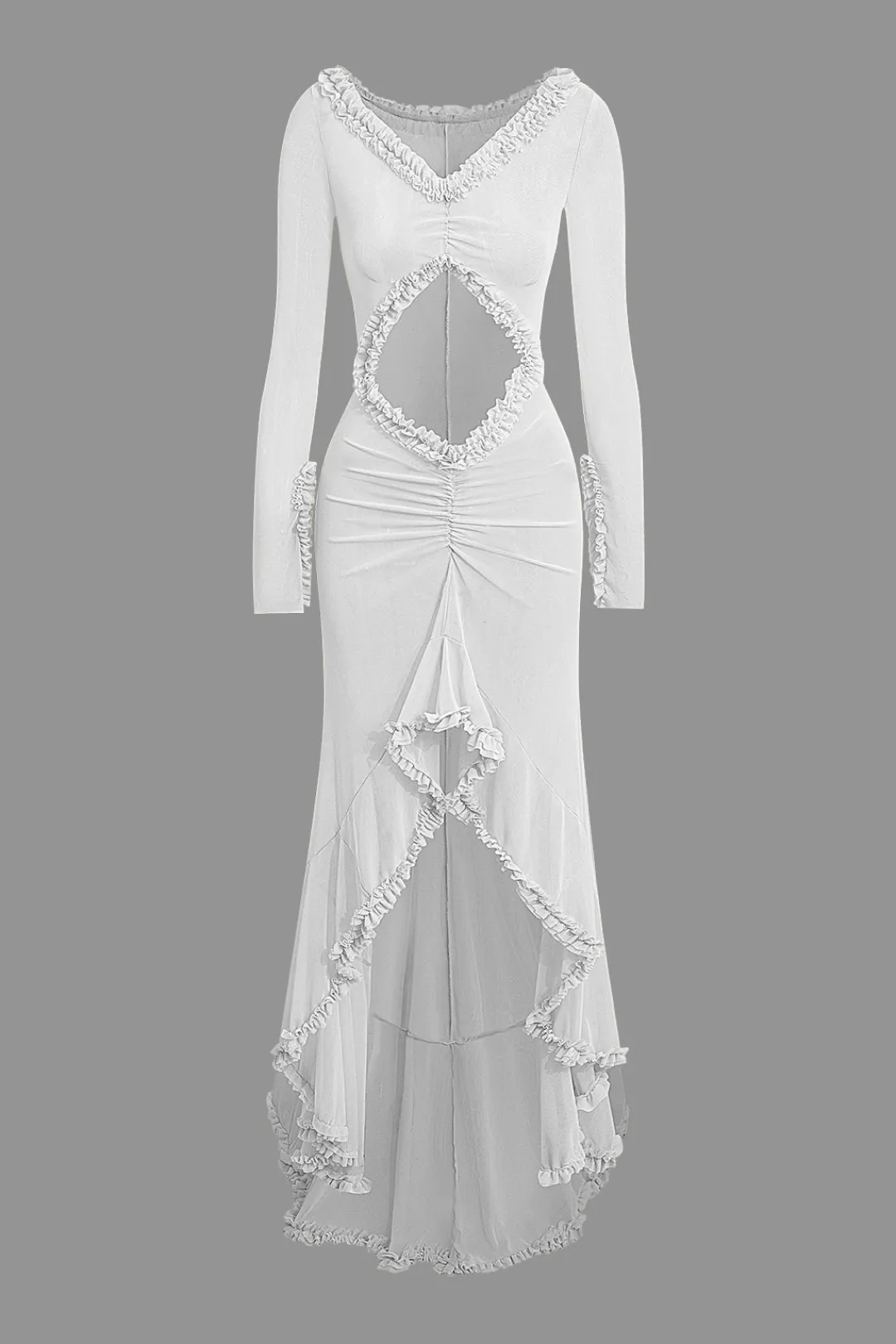 MICAS Long Sleeve Dresses|Maxi Dresses-Ruffle Trim Ruched Cut Out Maxi Dress