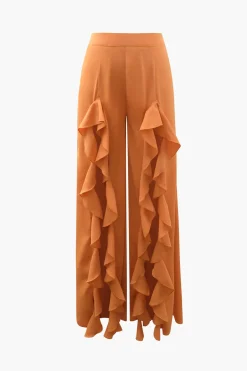 MICAS Pants-Ruffle Trim Slit Wide Leg Pants ORANGE