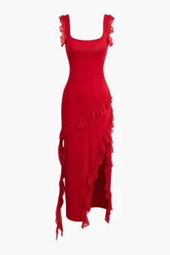 MICAS Maxi Dresses-Ruffle Trim Square Neck Slit Sleeveless Maxi Dress