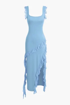 MICAS Maxi Dresses-Ruffle Trim Square Neck Slit Sleeveless Maxi Dress