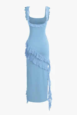 MICAS Maxi Dresses-Ruffle Trim Square Neck Slit Sleeveless Maxi Dress