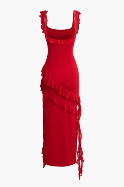 MICAS Maxi Dresses-Ruffle Trim Square Neck Slit Sleeveless Maxi Dress