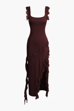 MICAS Maxi Dresses-Ruffle Trim Square Neck Slit Sleeveless Maxi Dress