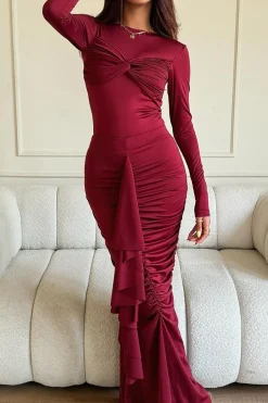 MICAS Long Sleeve Dresses|Maxi Dresses-Ruffle Twist Maxi Dress CHILI