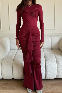 MICAS Long Sleeve Dresses|Maxi Dresses-Ruffle Twist Maxi Dress CHILI