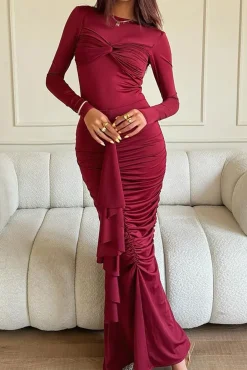 MICAS Long Sleeve Dresses|Maxi Dresses-Ruffle Twist Maxi Dress CHILI