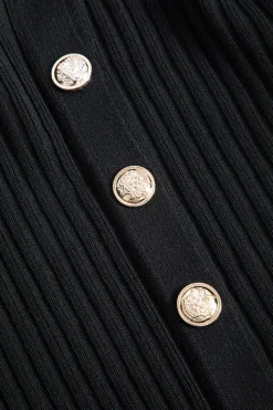 MICAS Long Sleeve Dresses|Knitwear-Ruffled Cuffs And Collar Ribbed Knit Button Front Midi Dress BLACK