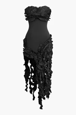 MICAS Midi Dresses-Ruffled Fringe Strapless Midi Dress