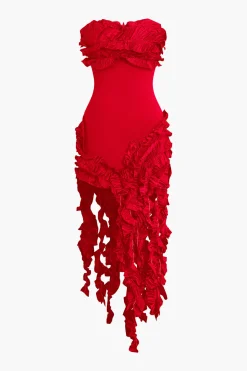 MICAS Midi Dresses-Ruffled Fringe Strapless Midi Dress