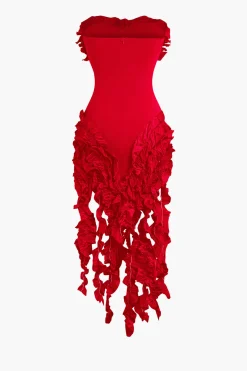 MICAS Midi Dresses-Ruffled Fringe Strapless Midi Dress