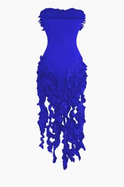 MICAS Midi Dresses-Ruffled Fringe Strapless Midi Dress