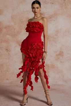 MICAS Midi Dresses-Ruffled Fringe Strapless Midi Dress