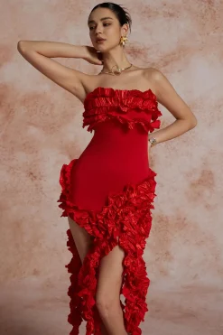 MICAS Midi Dresses-Ruffled Fringe Strapless Midi Dress