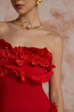 MICAS Midi Dresses-Ruffled Fringe Strapless Midi Dress