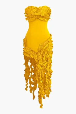 MICAS Midi Dresses-Ruffled Fringe Strapless Midi Dress