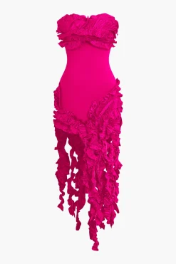 MICAS Midi Dresses-Ruffled Fringe Strapless Midi Dress