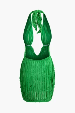 MICAS Mini Dresses-Ruffled Halter Backless Deep V-neck Mini Dress