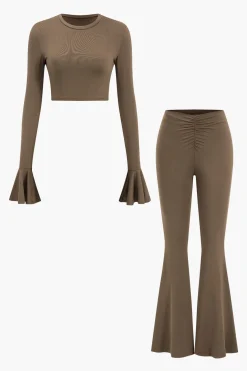 MICAS Pant Sets-Ruffled Long Sleeve Top And Flared Trouser Set BROWN