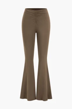 MICAS Pant Sets-Ruffled Long Sleeve Top And Flared Trouser Set BROWN